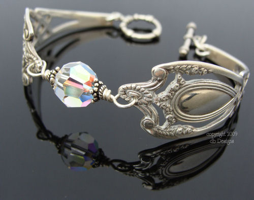 Sterling Silver Spoon Bracelet, Lunt Monticello Pattern - Crystal-spoon bracelet, lunt monticello spoon, sterling silver bracelet, vintage, swarovski crystal