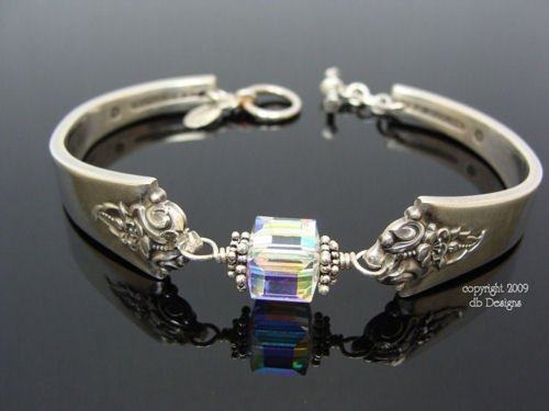 Vintage Sterling Silver Spoon Bracelet, Royal Crest "Castle Rose" - Crystal cube-spoon bracelet, sterling silver, vintage, swarovski crystal