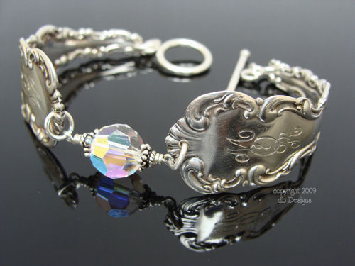Vintage Sterling Silver Spoon Bracelet, Whiting Louis XV - Crystal-spoon bracelet, whiting louis XV spoon, flatware bracelet, sterling silver, vintage, swarovski crystal jewelry