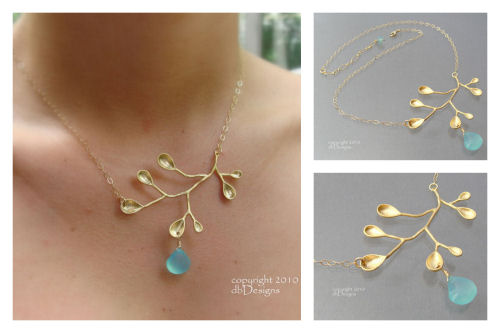 Golden Large Twig and Custom Gemstone Necklace in 14k gold filled-aqua, chalcedony briolette, twig, branch, pendant, gold filled chain