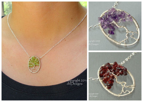 Tree of Life or Bonsai Tree Custom Gemstone and Sterling Pendant Necklace-Tree of Life or Bonsai Tree Custom Gemstone and Sterling Pendant Necklace, beautiful necklace is perfect for celebrating family events, babies, adoptions, weddings, and special birthdays for grandmothers, peridot, amethyst, garnet