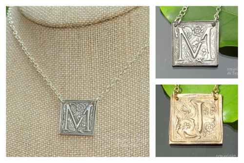 Solid Silver Luxury Embossed Initial set on Sterling silver Necklace-silver initial pendant, silver monogram, recycled silver, Solid Silver Luxury Embossed Initial set on Sterling silver Necklace 