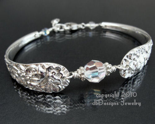 Antique Sterling Silver Spoon Bracelet, Kirk Stieff Princess - Crystal-spoon bracelet, kirk stieff spoon, sterling silver bracelet, vintage, antique, swarovski crystal, pearl, bridal jewelry