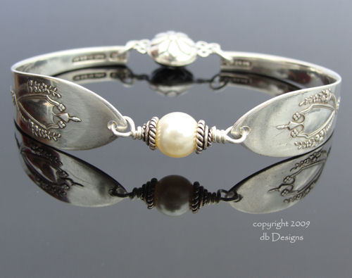 Vintage Sterling Silver Spoon Bracelet, Lunt Mt. Vernon Pattern - Pearl-spoon bracelet, lunt Mt. Vernon, spoon, sterling silver bracelet, vintage, swarovski crystal