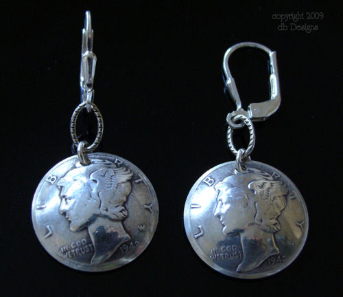 Vintage Silver Mercury Dime Coin Earrings, WWII era-coin earrings, mercury dime earrings, coin earrings, silver coin earrings