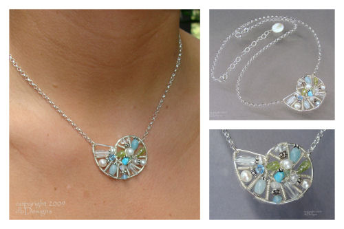 Gemstone Mosaic Nautilus-nautilus necklace, gemstone mosaic, mosaic necklace, sterling silver wire, wire jewelry, artisan jewelry, beach jewelry, shell necklace