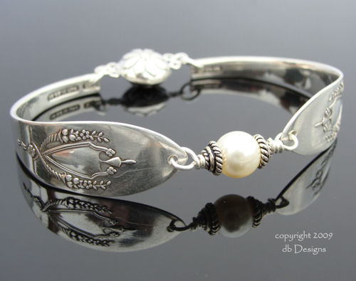 Vintage Sterling Silver Spoon Bracelet, Lunt Mt. Vernon Pattern - Pearl-spoon bracelet, lunt Mt. Vernon, spoon, sterling silver bracelet, vintage, swarovski crystal