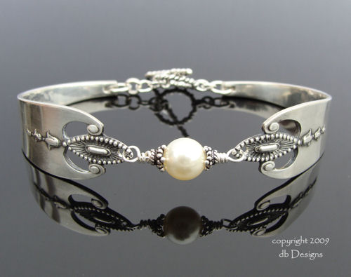 1910 Sterling Silver Spoon Bracelet, Lunt Virginia Pattern - Pearl-spoon bracelet, lunt virginia spoon, sterling silver, flatware bracelet, vintage, swarovski crystal jewelry 