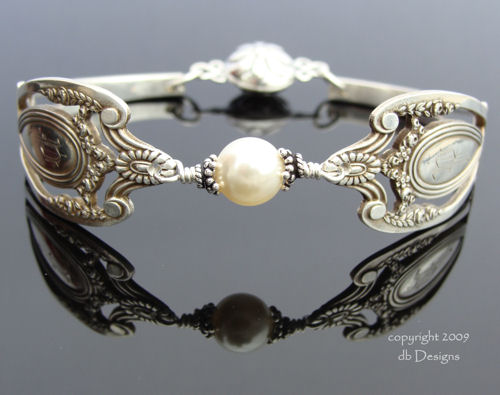 Antique Sterling Silver Spoon Bracelet, Lunt Monticello Pattern - Pearl-spoon bracelet, lunt monticello spoon, sterling silver bracelet, vintage, swarovski crystal, pearl, bridal jewelry