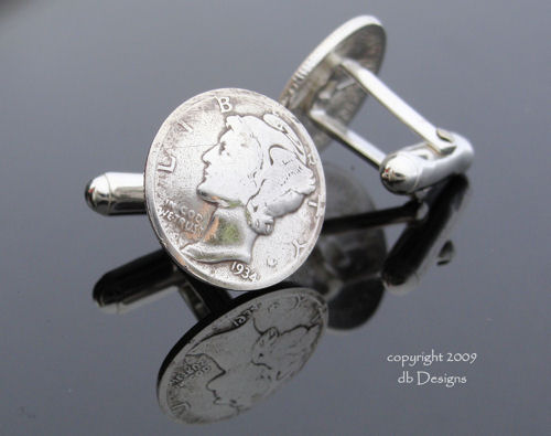 Mercury Dime Coin Cufflinks, WWII Era-silver cufflinks, coin cufflinks, dime cufflinks, dime jewelry, mercury dime cufflink