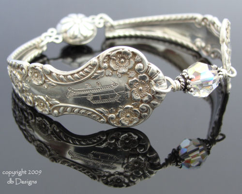 Vintage Sterling Silver Spoon Bracelet, Gorham Cambridge Pattern - Crystal-spoon bracelet, Gorham silver spoon, gorham cambridge, sterling silver, vintage, monogram, swarovski crystal, bridal jewelry